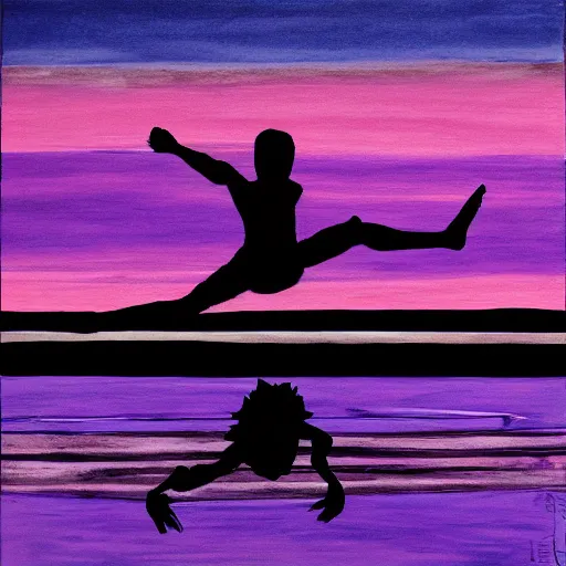 Image similar to purple sunset limbo with a real black silhouette of a demonic walking on water, the sky falls to the ground, high detail