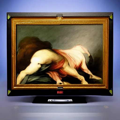 Prompt: a painting by Francisco de Goya of an RGB gaming pc, 1820 Romanticism painting, RGB gaming pc