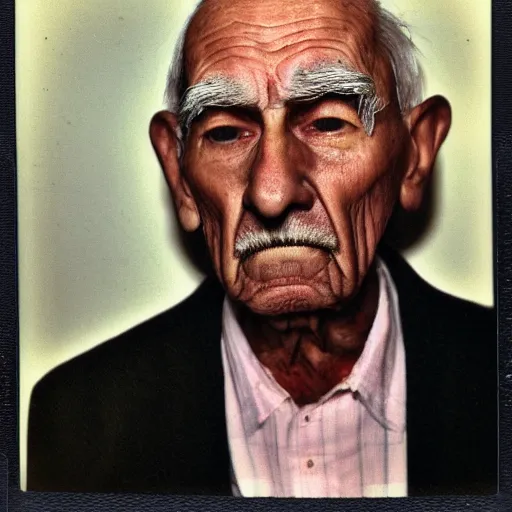 Prompt: A old man with a giant ONE-Brow looking scared to the camera, polaroid photo, colored, award winning