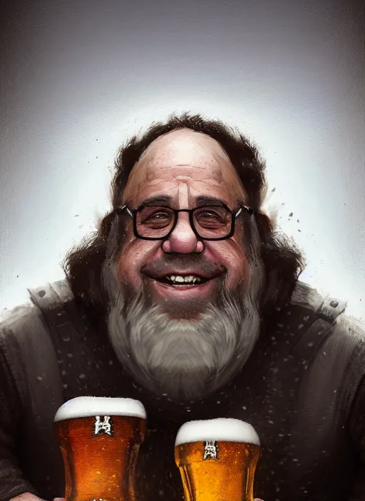 Prompt: Portrait of Danny Devito as a Dwarven Axeman with a white beard, He is drinking beer at a tavern, realistic, detailed, 4k by Greg Rutkowski Mark Arian trending on artstation