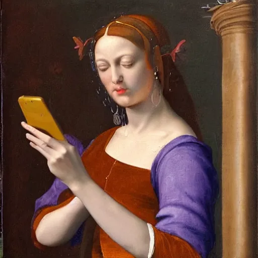 Prompt: renaissance painting of a woman on her smart phone taking a selfie