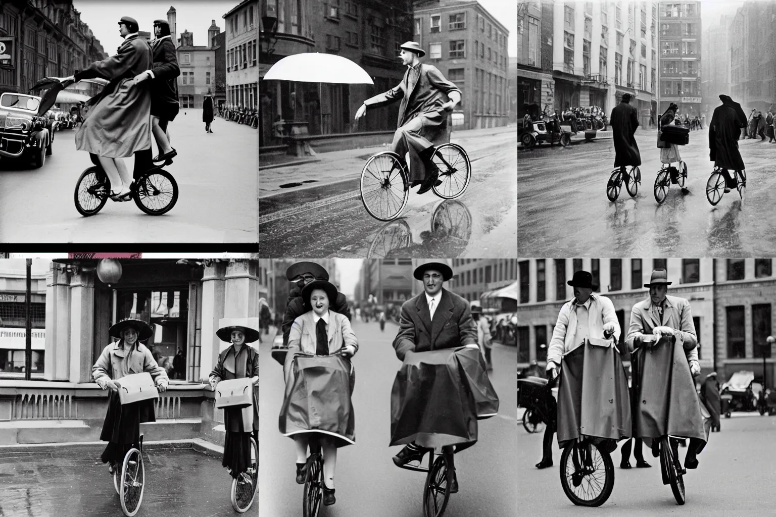 Prompt: 1930 style street photography with people riding unicycles while wearing raincoats and suitcases