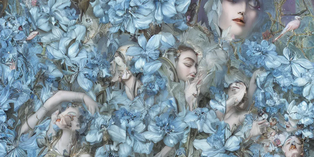 Image similar to breathtaking detailed concept art painting art deco pattern of faces goddesses amalmation light - blue flowers with anxious piercing eyes and blend of flowers and birds, by hsiao - ron cheng and john james audubon, bizarre compositions, exquisite detail, extremely moody lighting, 8 k