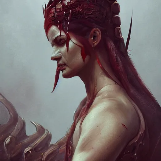 Image similar to painting of a warrior woman, sad, cry, gloomy, blood, fire, intricate, elegant, highly detailed, digital painting, artstation, concept art, matte, sharp focus, illustration, octane render, unreal engine, art by aenaluck and roberto ferri and greg rutkowski, epic fantasy, digital painting