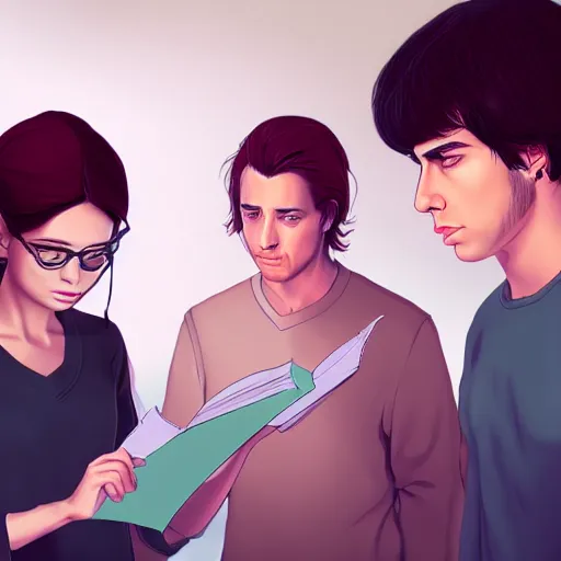 Prompt: realistic portrait of a terrified female author looking at some written notes while three male and one female characters look intensely, aesthetic!, trending on artstation, detailed digital art,