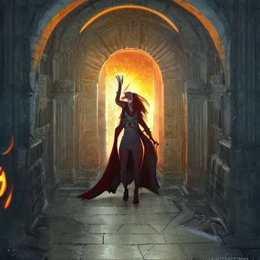 Image similar to A female tiefling, stepping through a flaming magical portal from another dimension into a palace courtyard, dramatic lighting, fantasy art by Greg Rutkowski