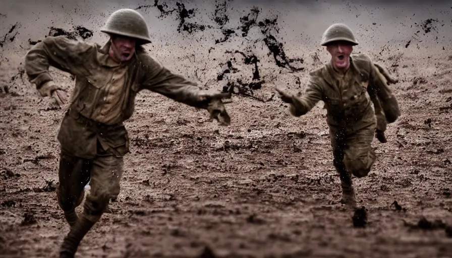 Image similar to screaming World War 1 soldier running away, wartorn landscape, lots of mud puddles and craters, bullets whizzing past camera, dirty lens, cinematic lighting, IMAX close-up of face, cinematography, 35mm