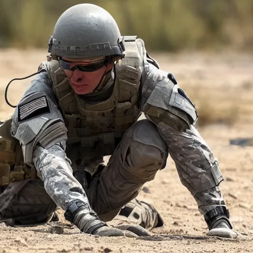 Prompt: Special Forces soldier in grey uniform with black body armor lies dying with a missing leg after stepping on a mine in 2022, photo by Adam Ferguson, Pulitzer Winning, cinematic composition, breathtaking, modern, 2022