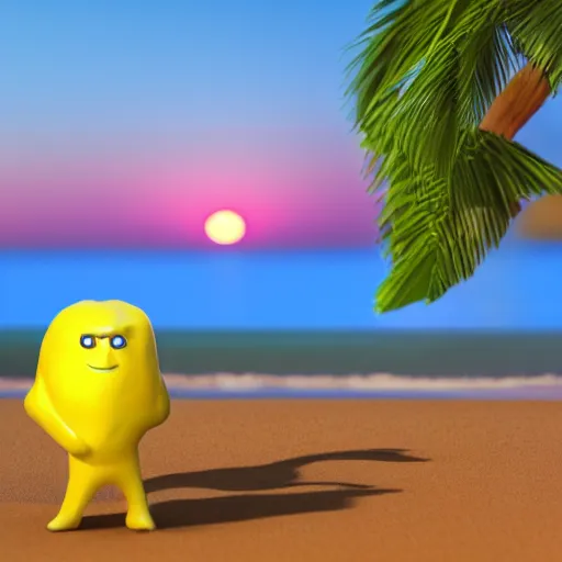 Prompt: 3 d render, chibi lemon character with an angry look on his face, he is wearing a hat, relaxing on the beach at sunset, beach, waves, sun, rim light, cinematic photography, professional, sand