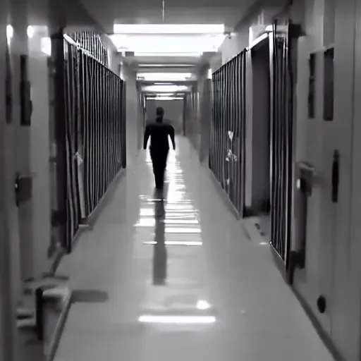 Prompt: CCTV footage of a disturbing alien-like creature roaming the halls of a massive facility