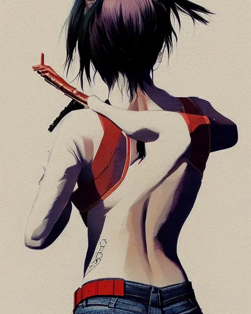 Image similar to a ultradetailed beautiful back painting of a stylish woman with white hair in a short pony tail, she is wearing jeans, by conrad roset, greg rutkowski and makoto shinkai trending on artstation