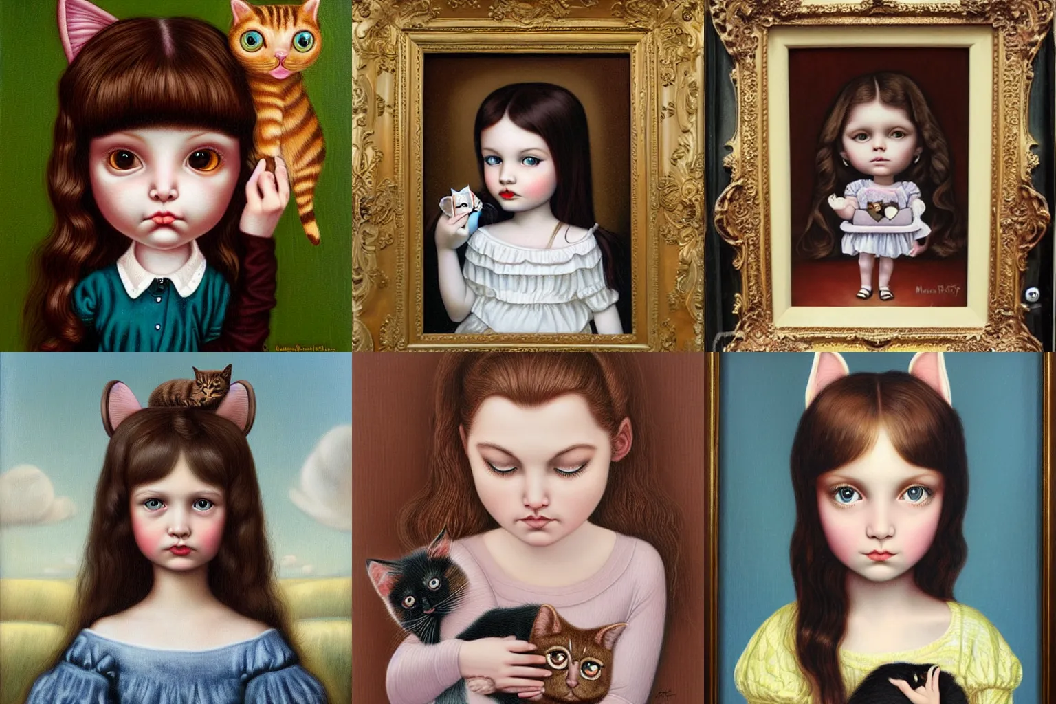 Prompt: a brown haired girl child with a cat by Mark Ryden