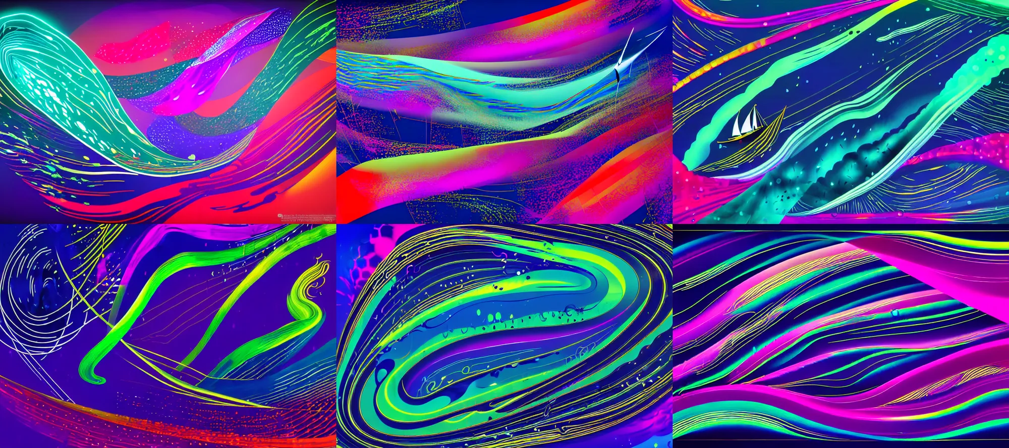 Prompt: veils of silken pearl curtains, dark spotlights on a rainy stage, infinite cosmic possibilities enthralling the latent spaces and vibrant flowing sailboat waves, magically shaped absurdist performance, trending on artstation. acrylic swirl artwork, neon geometric inks, vector graphics, splatterpaint stitched memories shattered