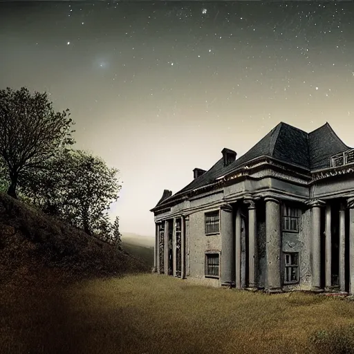 Image similar to an abandoned mansion on a hill at night with stars, by lee madgwick and bastien lecouffe