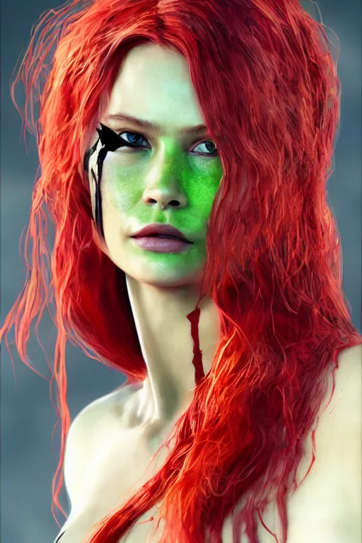 Prompt: Portrait of Behati Prinsloo as Poison Ivy making a duck face, in Batman movie still cinematic, artstation, Greg rutkowski, UHD 8K