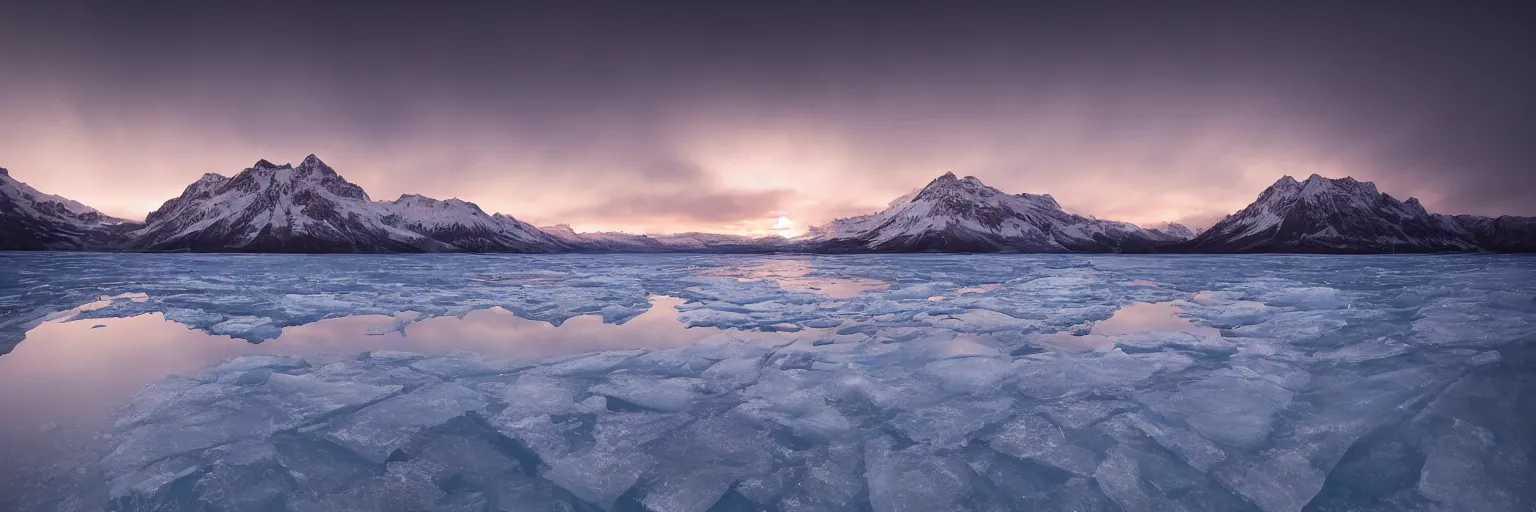 Image similar to amazing landscape photo of A (gigantic) monster trapped under the ice transparent frozen lake at sunset by marc adamus beautiful dramatic lighting