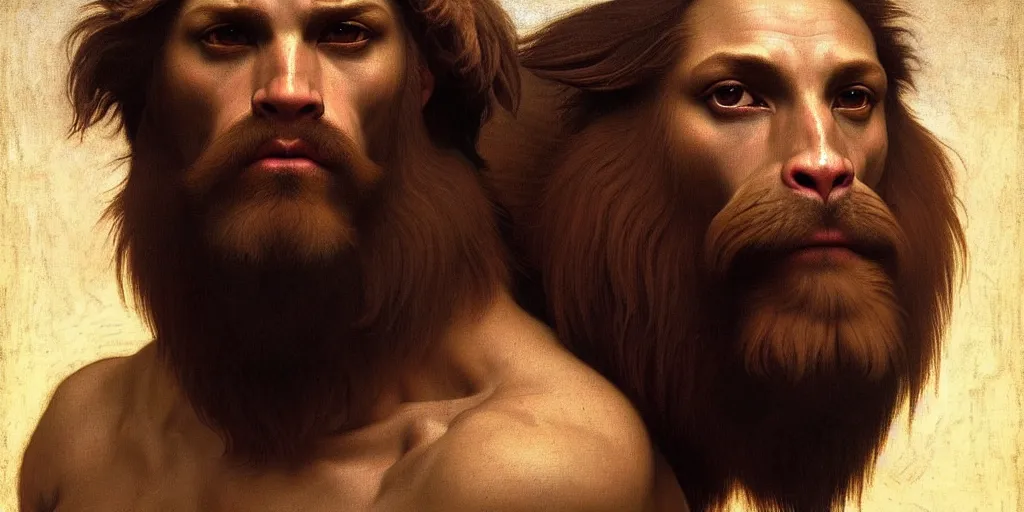 Prompt: renaissance painting upper body portrait of a gruff man, a ranger with a maned lion, lean and toned, handsome face, hairy chest, intricate, elegant, highly detailed, digital painting, artstation, concept art, matte, sharp focus, illustration, art by da Vinci, Artgerm and Greg Rutkowski and Alphonse Mucha