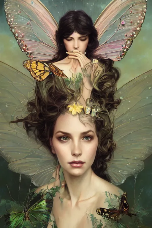 Prompt: portrait of faerie queen with butterfly wings, elegant, regal, intricate, fireflies in background, highly detailed, digital painting, artstation, concept art, sharp focus, painterly ink illustration, art by artgerm and greg rutkowski and alphonse mucha