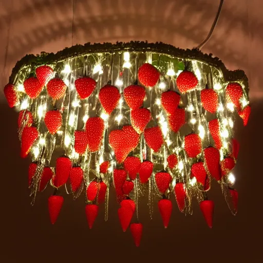 Prompt: realistic photo of a chandelier with strawberry lights hanging from ceiling in home, evening lighting