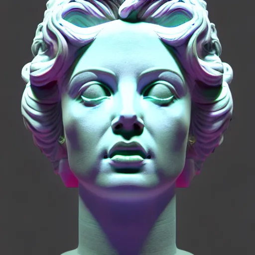 Prompt: sci - fi cgartist wide shot anaglyph ambient occlusion rendering of a hyper realistic marble greek statuary regal goddess head resembling ru paul glowing with embedded vaporwave leds product photo high key colored lighting, trending on artstation volumetric lighting