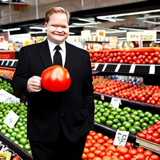 Image similar to Andy Richter wearing a black suit and necktie squeezing tomatoes in the produce section of a supermarket