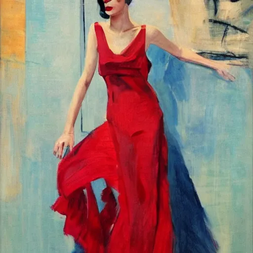 Image similar to a french fashion model posing in a red dress by coby whitmore