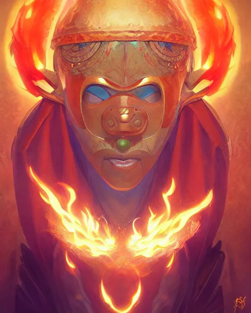 Image similar to happy mask salesman from zelda, full body photo, flames everywhere, highly detailed, digital painting, artstation, concept art, smooth, sharp focus, illustration, art by artgerm and greg rutkowski and alphonse mucha and wlop