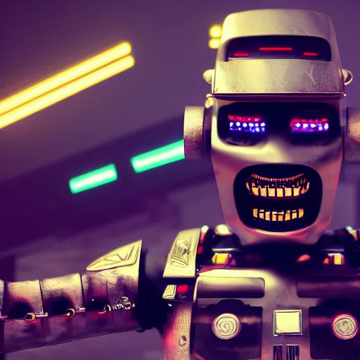 Image similar to hiphop gangsta robot, with grillz, led screens, expressive, photo realistic, dramatic cinematic lighting, octane render, 4 k, ultra detailed