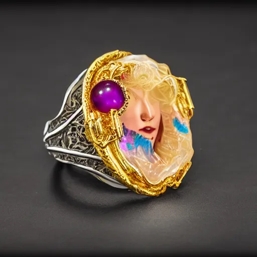 Image similar to complex golden ring with cameo and gems of a female mouth with a cyberpunk style, 8k, details, studio lighting