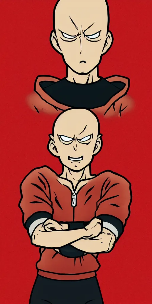 Image similar to portrait of saitama in the cuphead game art style, angry, face wrinkles, red background