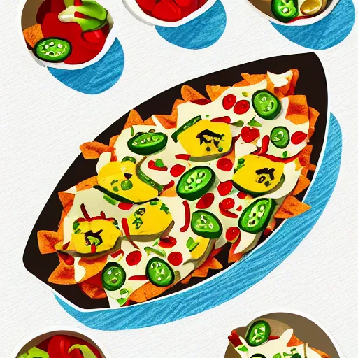 Image similar to photorealistic adobe illustration nachos with cheese and jalapeno illustrations, white background, drawing, cartoon