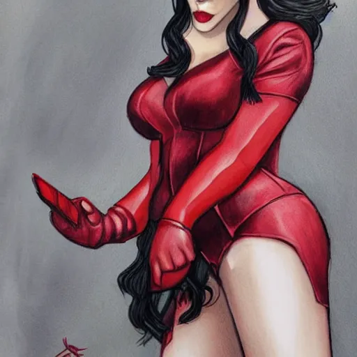 Prompt: Kat Dennings as Scarlet Witch, artist Kenny Tham