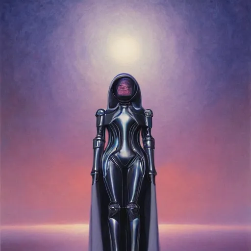 Prompt: portrait of beautiful gothic and futuristic woman, space armour, cyber armour, highly detailed, artstation, illustration, composition, 8 k quality, art by jean delville, rene magritte, hyperrealism oil painting