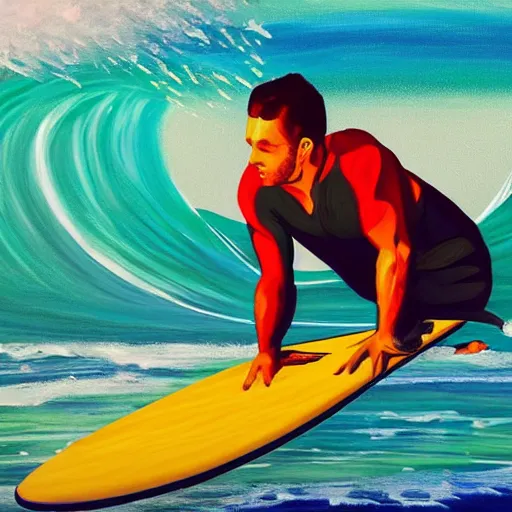 Image similar to a man riding a wave on top of a surfboard, a photorealistic painting by jerry weiss, shutterstock contest winner, naturalism, chillwave, fisheye lens, behance hd
