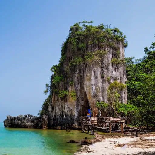 Prompt: an ancient city near jagged peaks next to a mangrove swamp with luch caves near the ocean with a ruined portal nearby