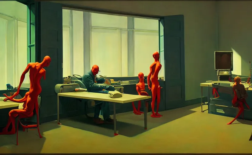 Prompt: Inside an operational room with crazy doctors operating, very coherent, painted by Edward Hopper, Wayne Barlowe, painted by James Gilleard, airbrush, art by JamesJean