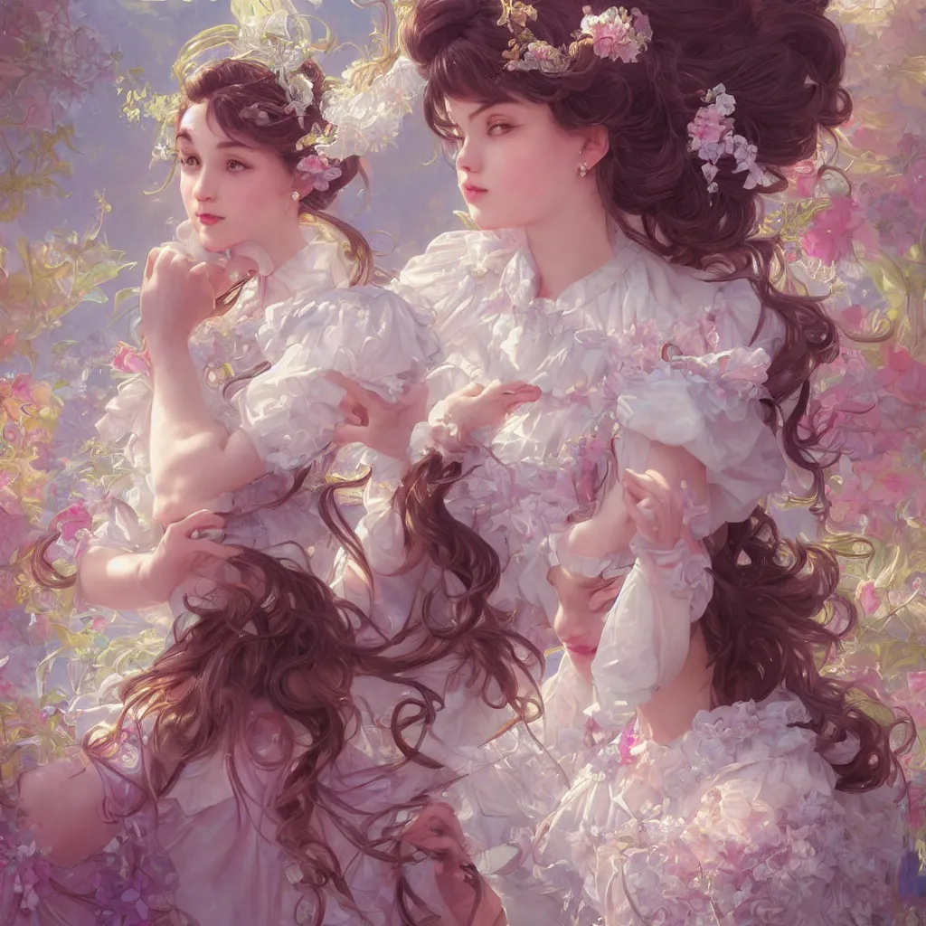 Prompt: portrait of magical lolita girl, dreamy and ethereal, happy expression, ornate frilly dress, fantasy, intricate, elegant, colored crystal, highly detailed, digital painting, artstation, concept art, smooth, sharp focus, illustration, art by artgerm and greg rutkowski and alphonse mucha