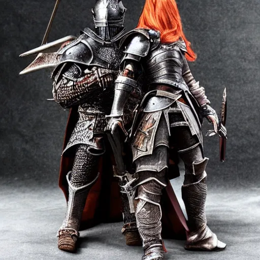 Prompt: Black armored Knight with a beautiful redhead princess, highly detailed, nightmare landscape, darksouls design