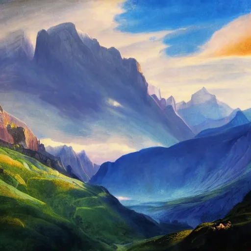 Prompt: wonderful narrow alpine mountain valley, swiss, soft dynamic clouds, astral appearance, cinematic light, sublime, colorful, light shafts, dramatic light, by august malmstrom, blake, best russian painters,, disney, global illumination, rule of thirds, perfect central composition