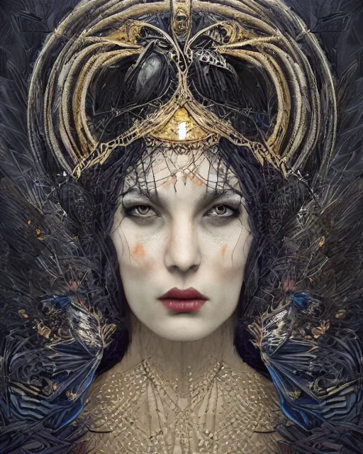 Image similar to goddess of crows, unusual beauty, emotionally evoking symbolic metaphors, head in focus, fantasy, ornamental, intricate, elegant, sensual, highly detailed digital painting, artstation, concept art, painterly, golden ratio, sharp focus, illustration, art by John Collier and Krenz Cushart and Artem Demura and and Greg Rutkowski and Alphonse Mucha and Albert Aublet