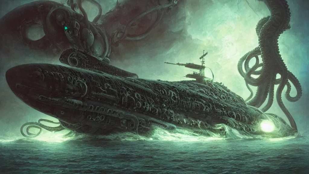 Prompt: soviet submarine destroyed by cthulhu, tentacles, elegant, beautifully soft lit, full frame, 8 k by wayne barlowe, peter mohrbacher, kelly mckernan, h r giger