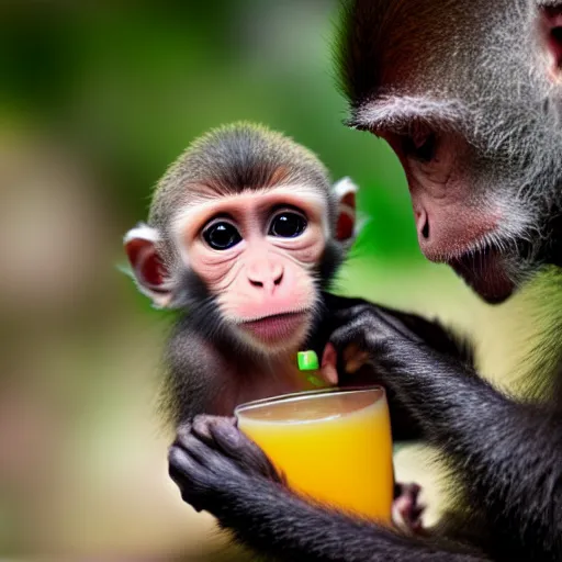 Image similar to cute baby monkey drinking juice, 4k, realistic photo