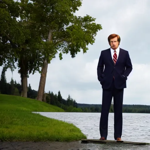 Image similar to Ron Burgundy standing near a lake