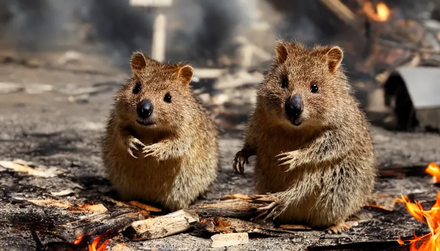 Prompt: happy quokka holding matches in front of a burning house, ultrarealistic, 8k, wide shot,