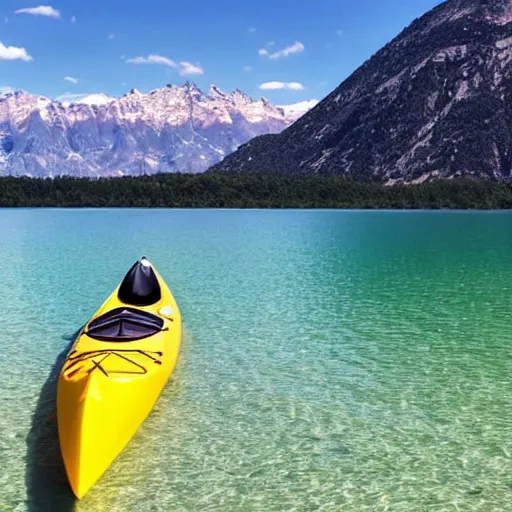 Image similar to a beautiful image of a breathtaking lake with amazing mountains in the background, there is a kayak in the foreground on the beach. landscape image