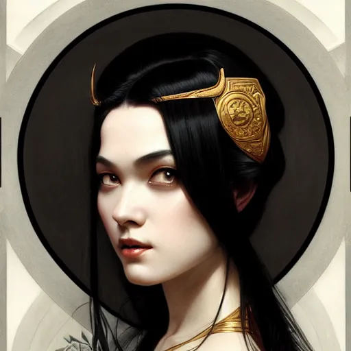 Image similar to Portrait of an divine muse with matte black hair as 2B, asian, D&D, fantasy, intricate, elegant, highly detailed, digital painting, artstation, dark art, concept art, matte, sharp focus, illustration, art by Artgerm and Greg Rutkowski and Alphonse Mucha