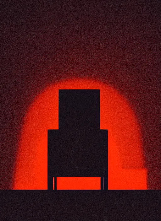 Image similar to (((habitat 67 on fire))), portrait of a lone man sitting in a chair, Mads Berg, Karolis Strautniekas, James Yang, Brutalism, Constructivist, film noir, stippled light, dramatic lighting,editorial illustration, detailed, matte print, dark orange black white red