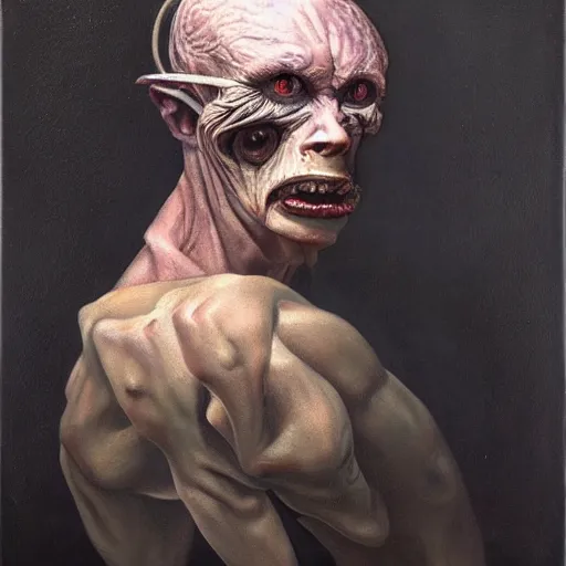 Image similar to Oil painting by Christian Rex Van Minnen of a portrait of an extremely bizarre disturbing mutated man with intense chiaroscuro lighting perfect composition