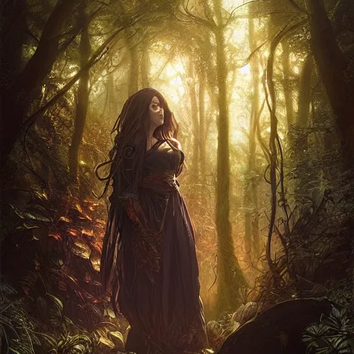 Prompt: portrait of a dark mage in a forest, dark fantasy, elegant, intricate, face, medium shot, volumetric light, by Fernanda Suarez, Stanley Artgerm Lau, greg rutkowski, thomas kindkade, alphonse mucha, loish, norman Rockwell