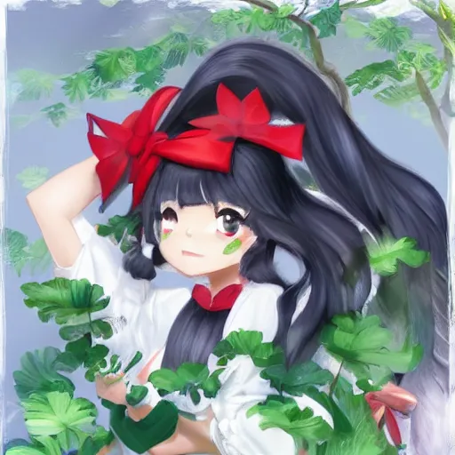 Image similar to a imaginefx of reimu in the jungle wearing bonnet